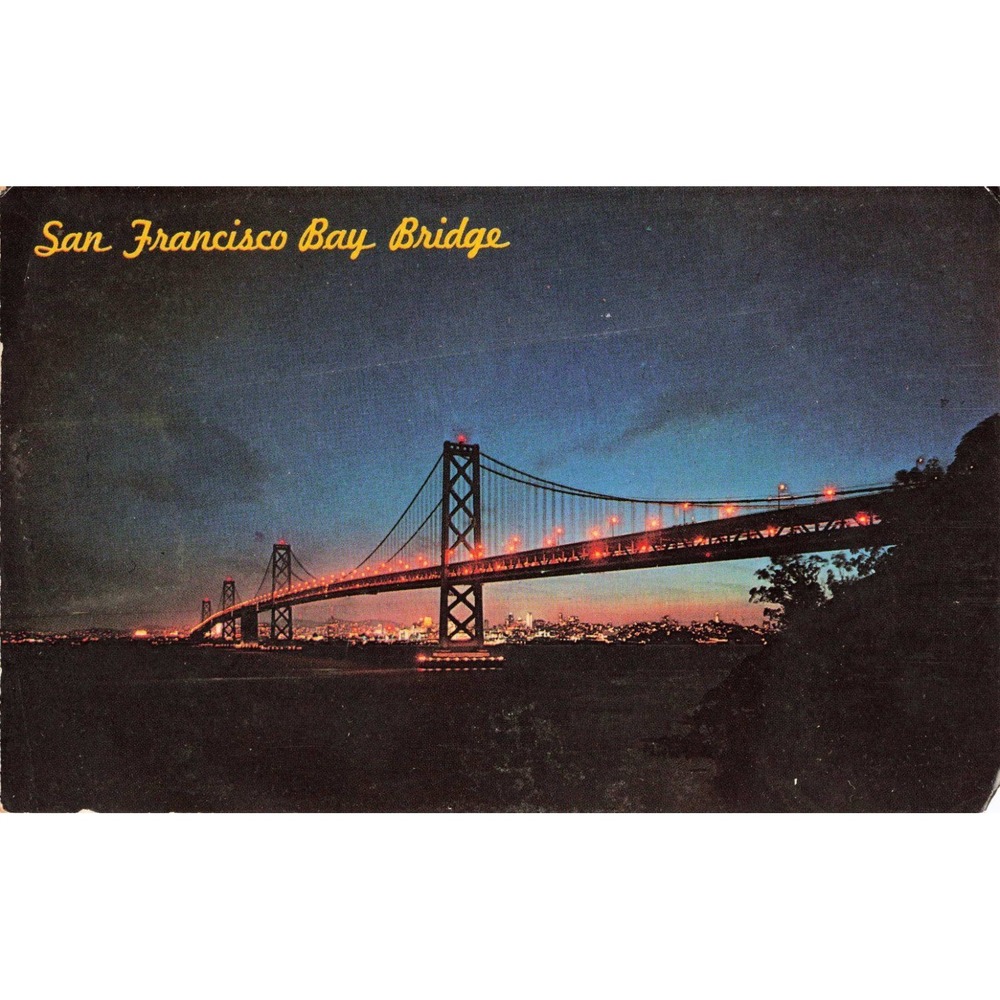 Vintage San Francisco Bay Bridge Night View Postcard Richmond CA Postmark VG - Picture 1 of 2